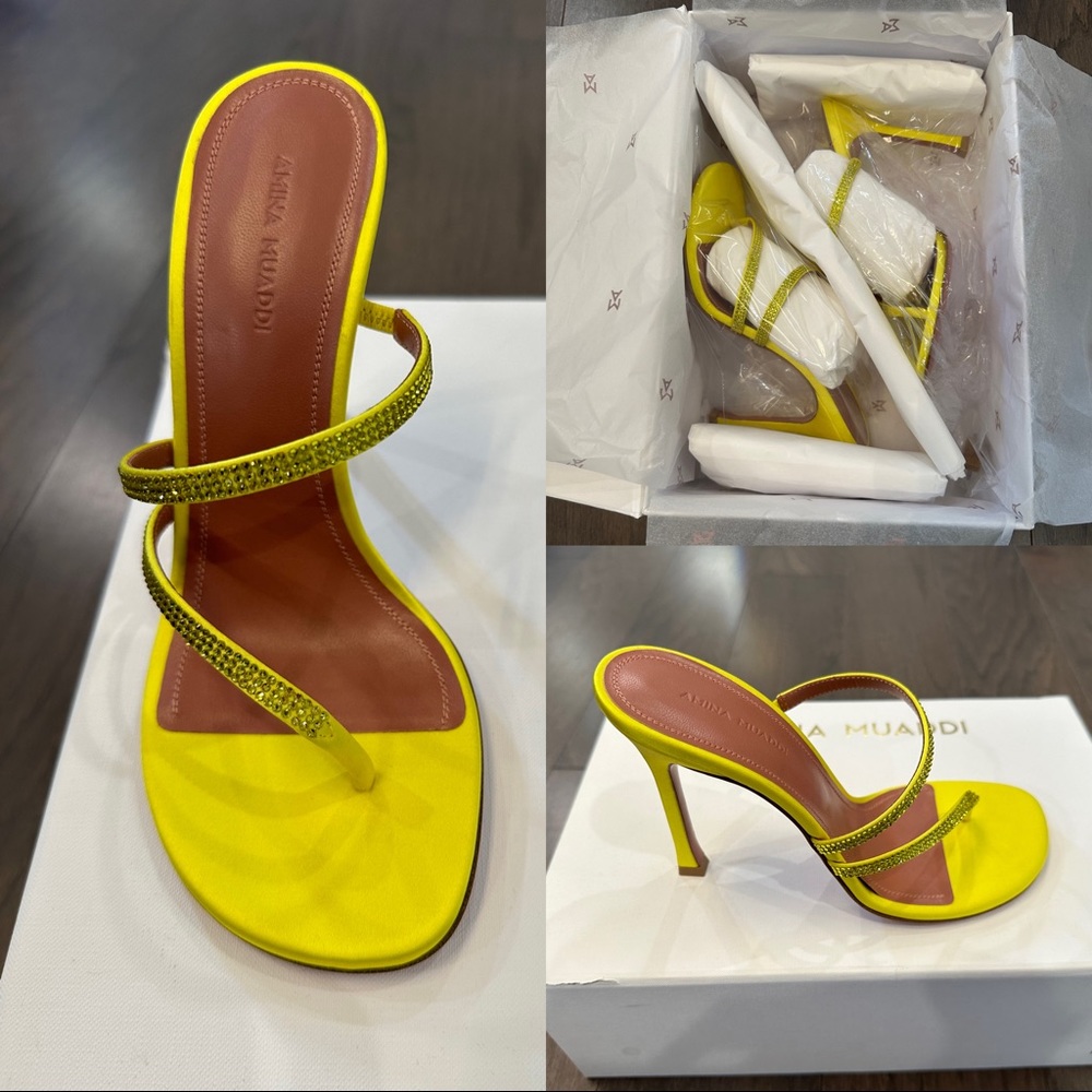 Amina Muaddi Brand New Yellow Crystal sandal. Size 37.